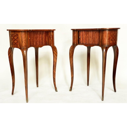 137 - TAMBOUR CABINETS, a pair, French transitional style kingwood and parquetry of kidney outline with ta... 