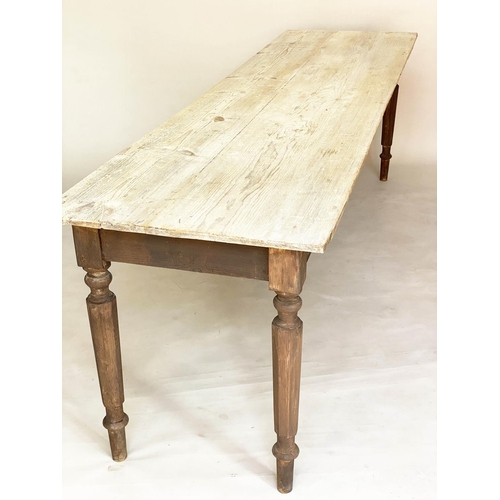 139 - HARVEST TABLE, 19th century English pine, two plank top raised upon facetted and turned supports, 25... 