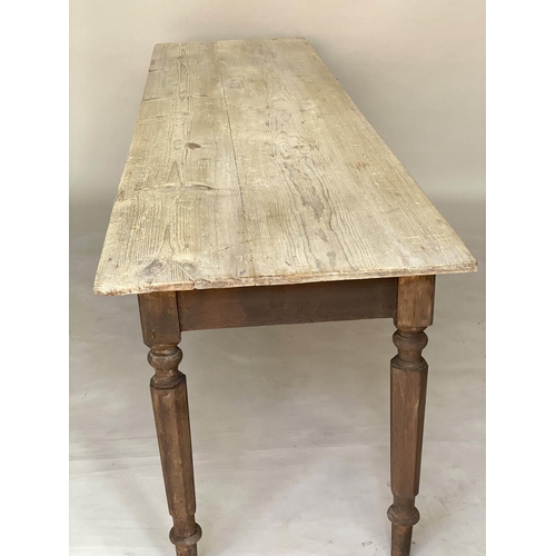 139 - HARVEST TABLE, 19th century English pine, two plank top raised upon facetted and turned supports, 25... 