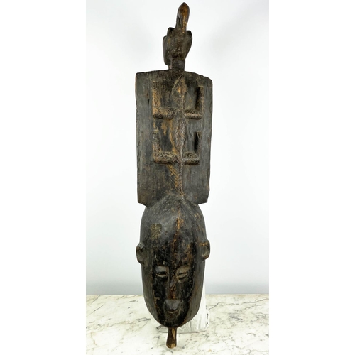 14 - AFRICAN MASK, 'Plank Crest Mask', hand carved wood with central lizard detail and bird finial, 106cm... 