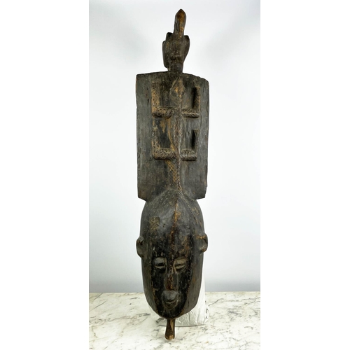 14 - AFRICAN MASK, 'Plank Crest Mask', hand carved wood with central lizard detail and bird finial, 106cm... 