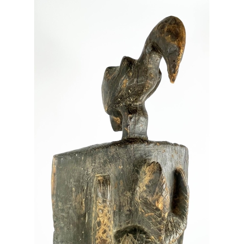 14 - AFRICAN MASK, 'Plank Crest Mask', hand carved wood with central lizard detail and bird finial, 106cm... 