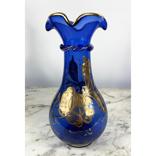 3 - BOHEMIAN DECANTERS, a pair, blue glass with gilt decoration and stoppers, two shaped lipped vases wi... 