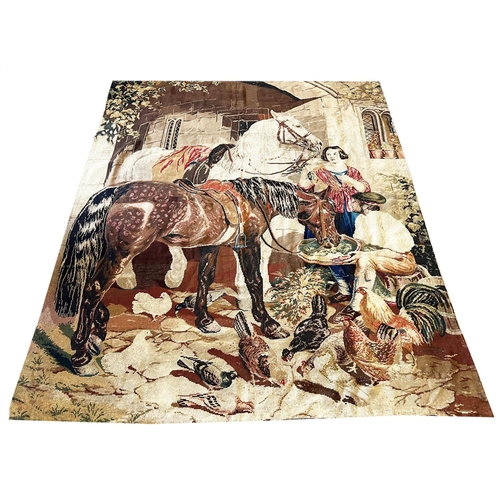 27 - WOOLWORK TAPESTRY, depicting a stable scene, 243cm x 210cm.