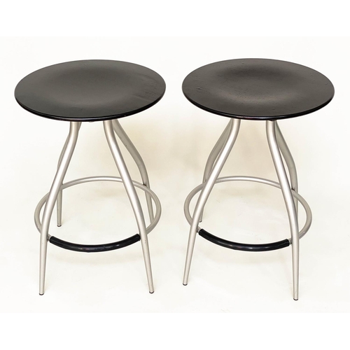 126 - CALLIGARIS BAR STOOLS, a pair, 60cm x 41cm diam., circular ash seat and metal framed, with footrest.... 