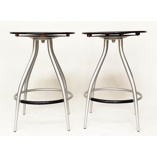 126 - CALLIGARIS BAR STOOLS, a pair, 60cm x 41cm diam., circular ash seat and metal framed, with footrest.... 