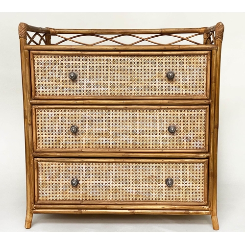 153 - BAMBOO CHEST, 75cm W x 80cm H x 45cm D, bamboo framed and cane panelled, with 3/4 gallery above thre... 