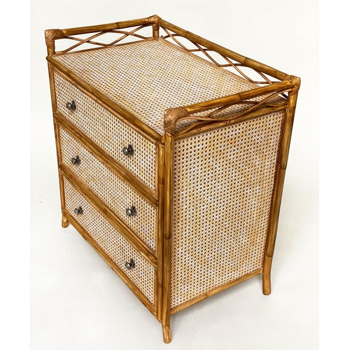 153 - BAMBOO CHEST, 75cm W x 80cm H x 45cm D, bamboo framed and cane panelled, with 3/4 gallery above thre... 