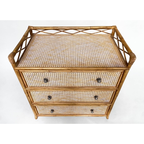 153 - BAMBOO CHEST, 75cm W x 80cm H x 45cm D, bamboo framed and cane panelled, with 3/4 gallery above thre... 