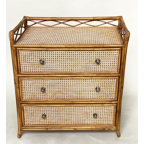 153 - BAMBOO CHEST, 75cm W x 80cm H x 45cm D, bamboo framed and cane panelled, with 3/4 gallery above thre... 