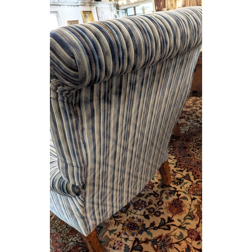 236 - ARMCHAIRS, a pair, 93cm H x 71cm W, Victorian style beechwood with striped velvet upholstery, on rai... 