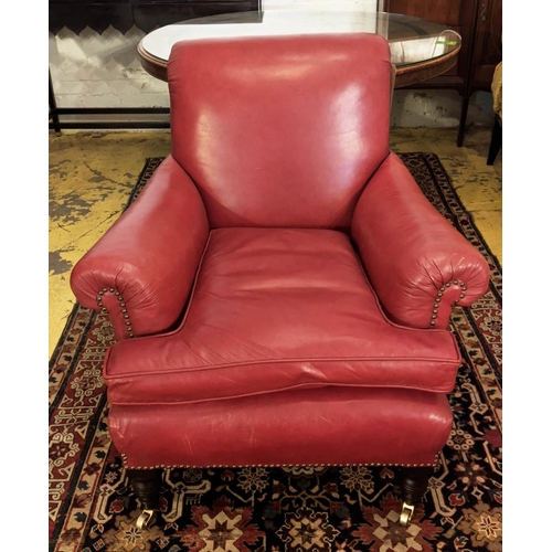 238 - ARMCHAIR, 90cm H x 82cm W, Victorian Howard style, with studded red leather upholstery.