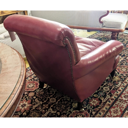 238 - ARMCHAIR, 90cm H x 82cm W, Victorian Howard style, with studded red leather upholstery.