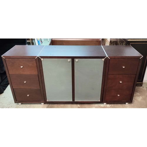 461 - SIDEBOARD, three drawers to either end flanking central glazed section with single drawer, 184.5cm x... 