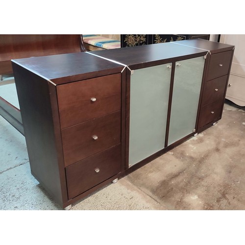 461 - SIDEBOARD, three drawers to either end flanking central glazed section with single drawer, 184.5cm x... 