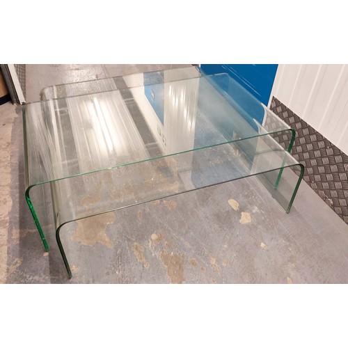 458 - GLASS LOW TABLES, a nesting set of two, minimalist style design, 100cm x 105cm x 35cm at largest. (2... 