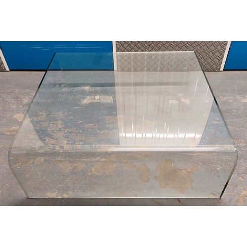 458 - GLASS LOW TABLES, a nesting set of two, minimalist style design, 100cm x 105cm x 35cm at largest. (2... 