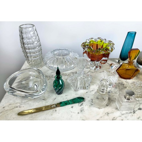 23 - COLLECTING OF VARIOUS GLASS WARE, including Murano bottles and vases amber glass bottles, silver cap... 