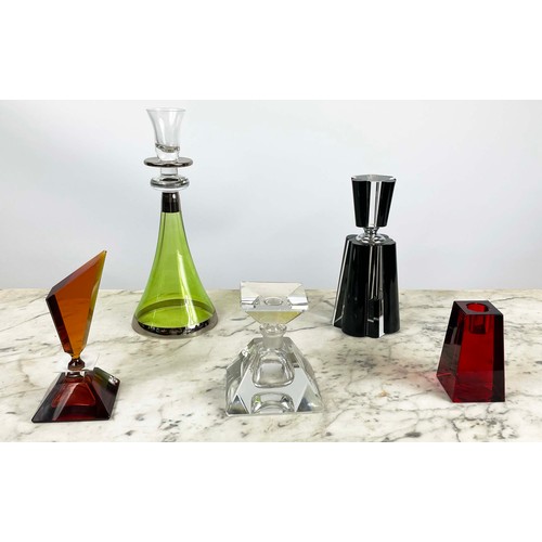 24 - GLASS PERFUME BOTTLES, three, one black and clear shaped glass  candlestick, 28cm H, a 925 silver ca... 