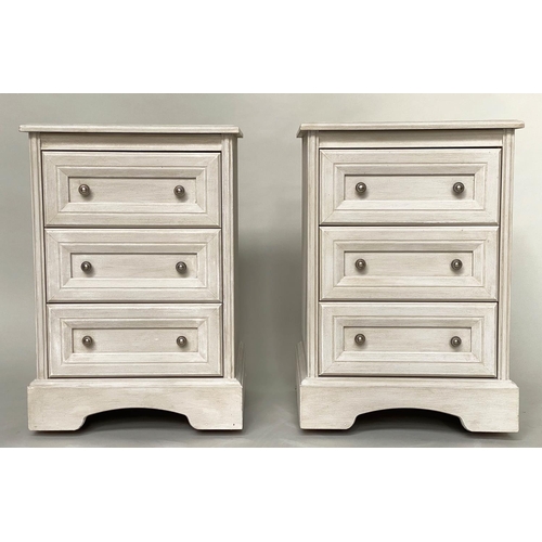 252 - BEDSIDE CHESTS, a pair, 50cm x 44cm D x 74cm H, grey painted, Continental style, each with three mou... 