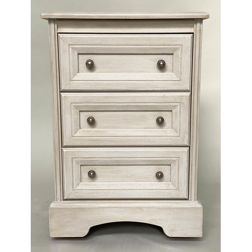 252 - BEDSIDE CHESTS, a pair, 50cm x 44cm D x 74cm H, grey painted, Continental style, each with three mou... 