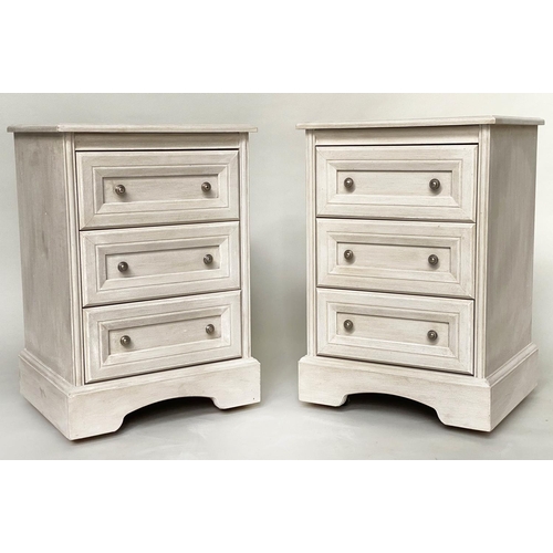 252 - BEDSIDE CHESTS, a pair, 50cm x 44cm D x 74cm H, grey painted, Continental style, each with three mou... 