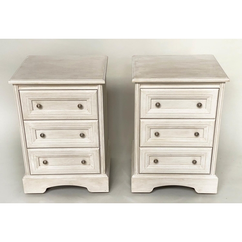 252 - BEDSIDE CHESTS, a pair, 50cm x 44cm D x 74cm H, grey painted, Continental style, each with three mou... 