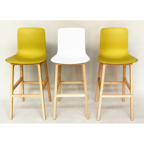 369 - ELITE BAR STOOLS, a set of three, 104cm H in total, seat 74cm H, acrylic, two lime green, one white,... 