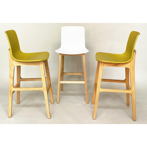 369 - ELITE BAR STOOLS, a set of three, 104cm H in total, seat 74cm H, acrylic, two lime green, one white,... 