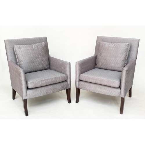 374 - ARMCHAIRS, a pair, 70cm W, quilted grey, square form with cushion. (2)