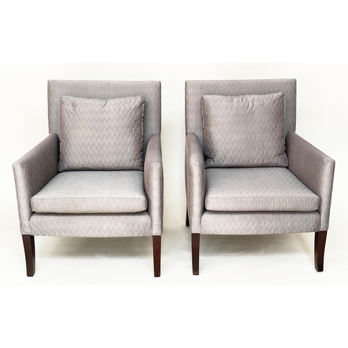 374 - ARMCHAIRS, a pair, 70cm W, quilted grey, square form with cushion. (2)