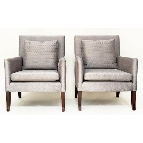 374 - ARMCHAIRS, a pair, 70cm W, quilted grey, square form with cushion. (2)