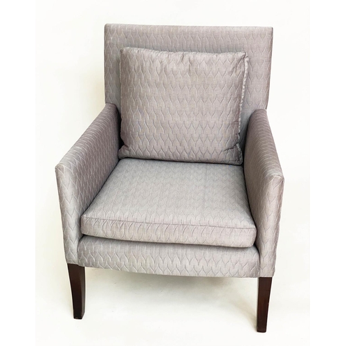 374 - ARMCHAIRS, a pair, 70cm W, quilted grey, square form with cushion. (2)