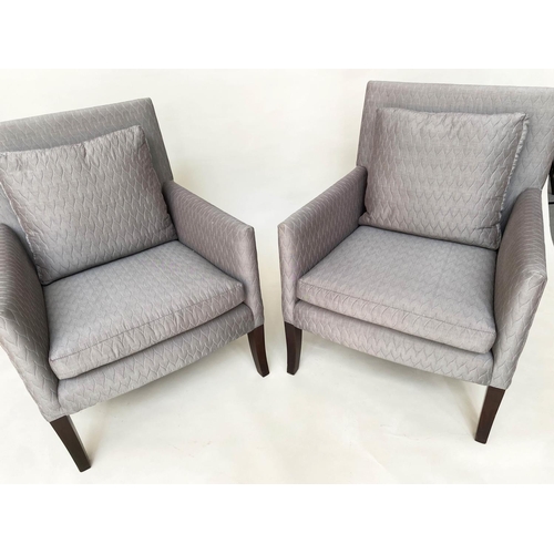 374 - ARMCHAIRS, a pair, 70cm W, quilted grey, square form with cushion. (2)