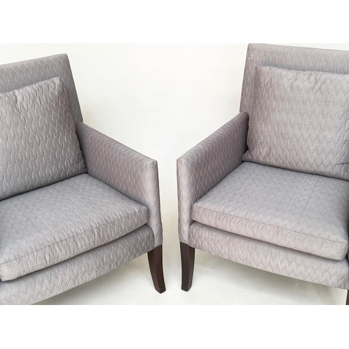 374 - ARMCHAIRS, a pair, 70cm W, quilted grey, square form with cushion. (2)