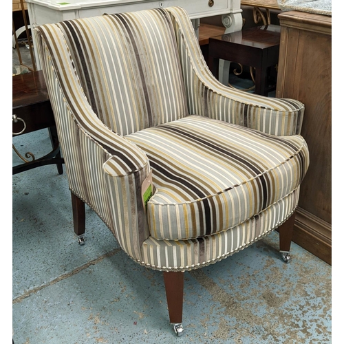 310 - ARMCHAIR AND STOOL, 85cm W stripped fabric upholstery. (2)