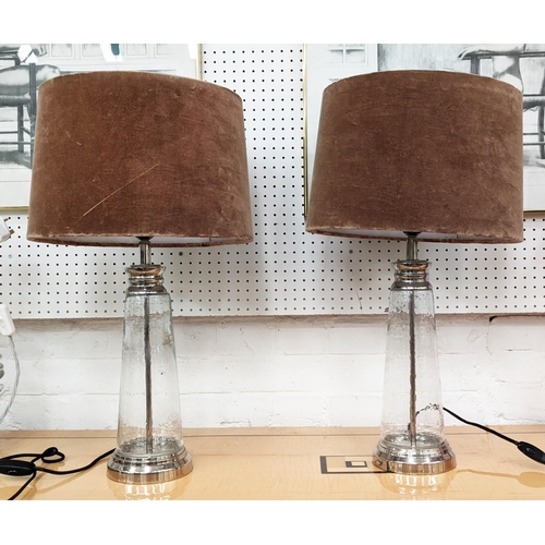 309 - TABLE LAMPS, a pair, glass and polished metal, velvet shades, 63cm H. (2)