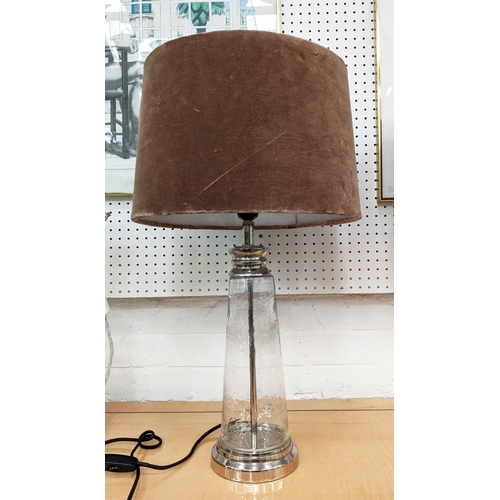 309 - TABLE LAMPS, a pair, glass and polished metal, velvet shades, 63cm H. (2)