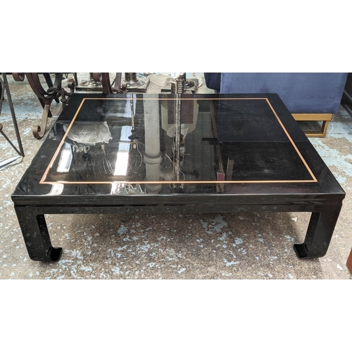 350 - LOW TABLE, 1970's Italian style, 100cm x 120cm x 37cm, black lacquered with gilt metal detail.