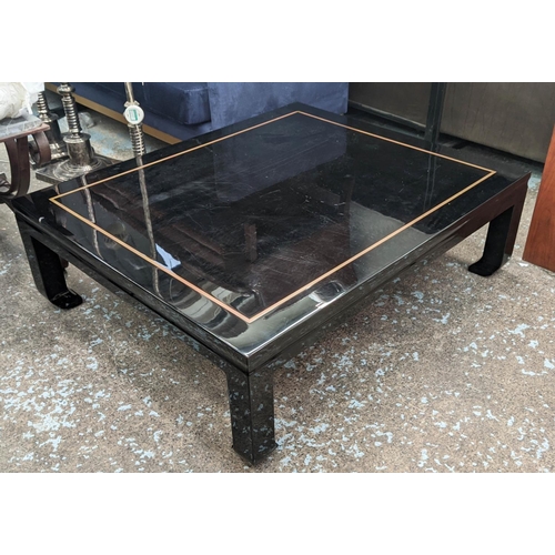 350 - LOW TABLE, 1970's Italian style, 100cm x 120cm x 37cm, black lacquered with gilt metal detail.