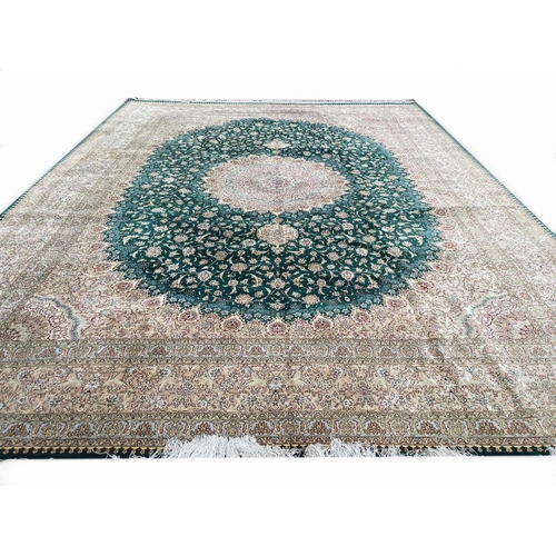 155 - EXTREMELY FINE PURE SILK PERSIAN QUM CARPET, 403cm x 302cm.