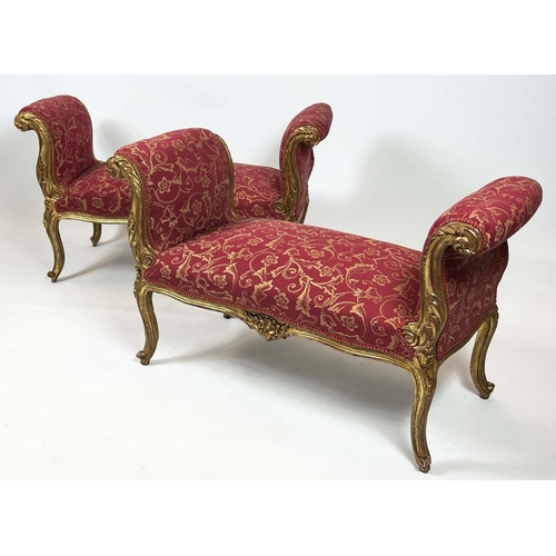 167 - WINDOW SEATS, a pair, French Louis XV style, gilt carved sinuous show frames with scrolling foliate ... 