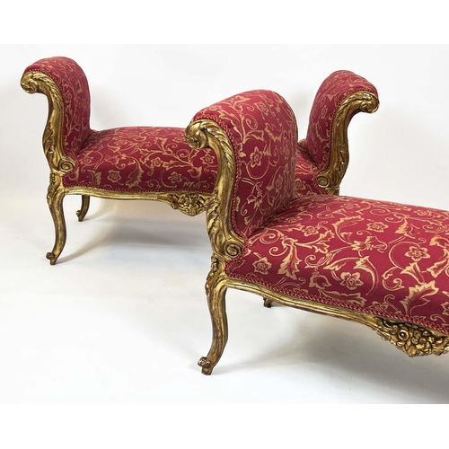 167 - WINDOW SEATS, a pair, French Louis XV style, gilt carved sinuous show frames with scrolling foliate ... 