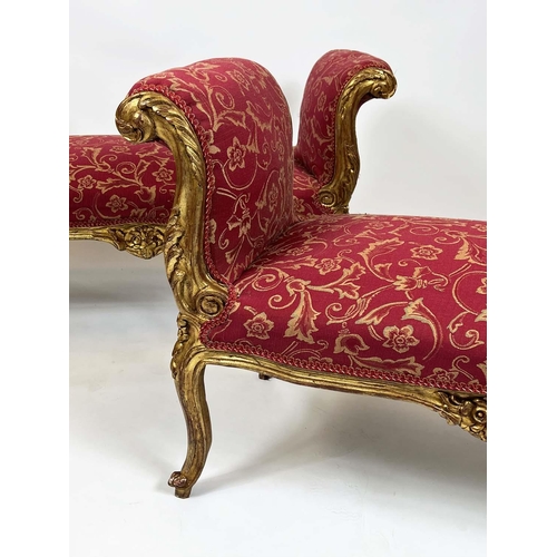 167 - WINDOW SEATS, a pair, French Louis XV style, gilt carved sinuous show frames with scrolling foliate ... 