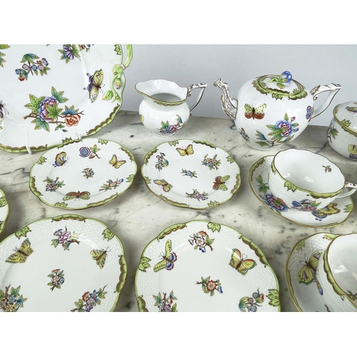 17 - HEREND TEA SET, tea pot and lid, milk jug, sugar basin and lid, six cups and saucers, six cake plate... 