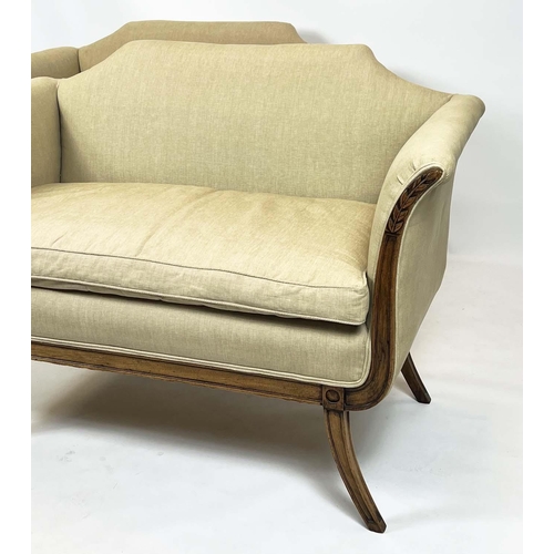 172 - SETTEES, 86cm H x 127cm W, a pair, 20th century, with squab seat cushions in taupe linen on sabre le... 