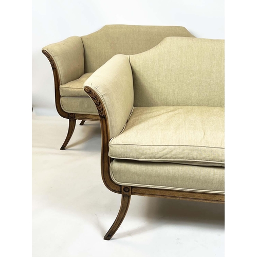 172 - SETTEES, 86cm H x 127cm W, a pair, 20th century, with squab seat cushions in taupe linen on sabre le... 