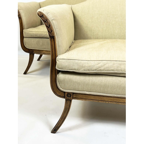 172 - SETTEES, 86cm H x 127cm W, a pair, 20th century, with squab seat cushions in taupe linen on sabre le... 