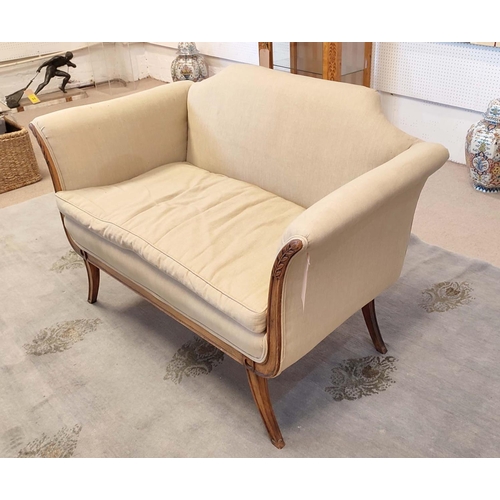 172 - SETTEES, 86cm H x 127cm W, a pair, 20th century, with squab seat cushions in taupe linen on sabre le... 