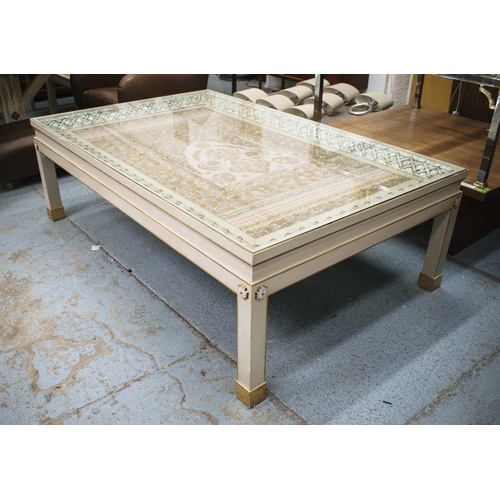 174 - LOW CENTRE TABLE, 61cm H x 188cm W x 121cm D, painted, gilt heightened, brass and mother of pearl wi... 